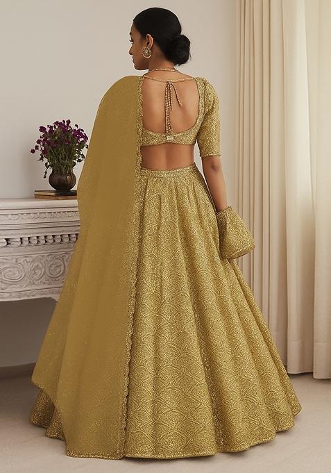 Gold Georgette Embroidered Lehenga Set