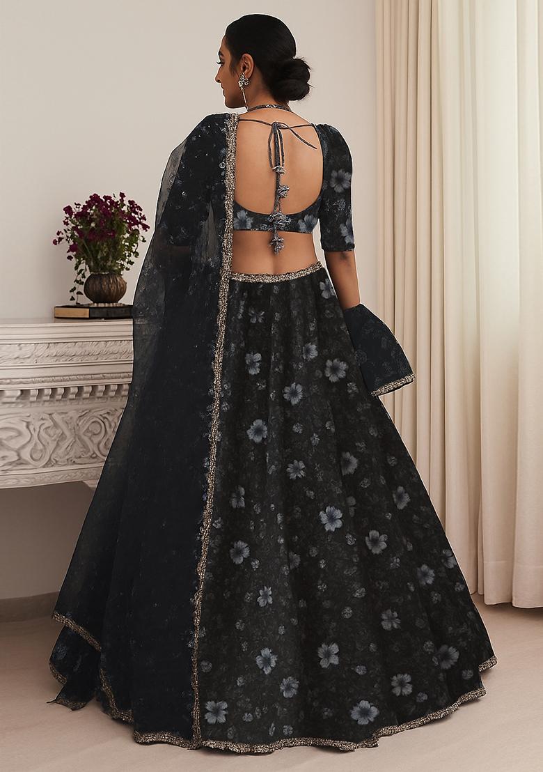Black Georgette Embroidered Lehenga Set - Indya