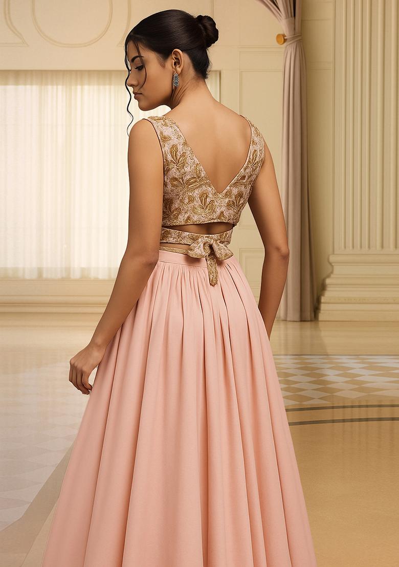 Baby Pink Embroidered Blouse With Lehenga Set - Indya