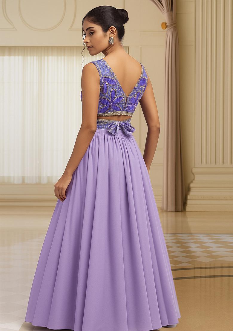 Turquoise Embroidered Blouse With Lehenga Set - Indya