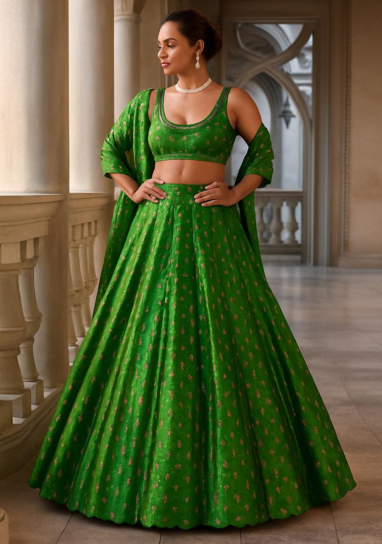 Dark Green Embroidered Blouse With Lehenga Set