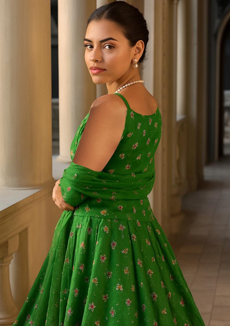 Dark Green Embroidered Blouse With Lehenga Set