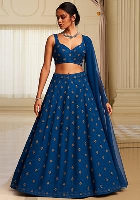 Blue Embroidered Blouse With Lehenga Set