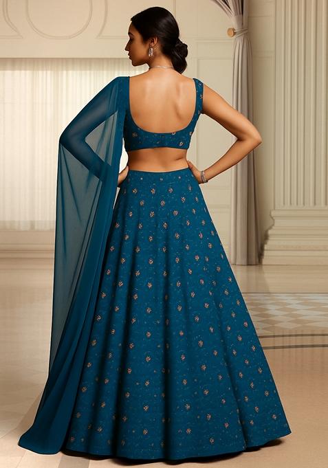 Blue Embroidered Blouse With Lehenga Set