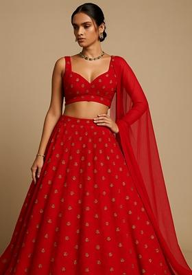 Red Embroidered Blouse With Lehenga Set