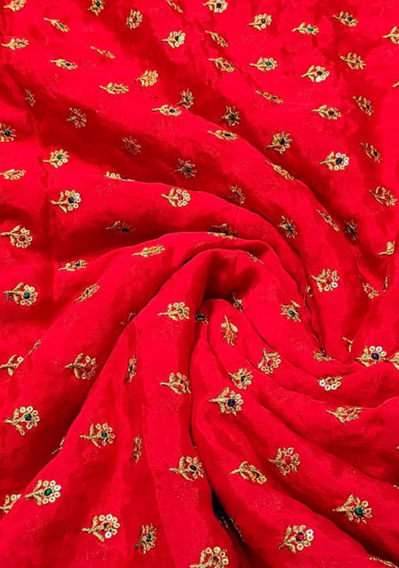 Red Embroidered Blouse With Lehenga Set - Indya