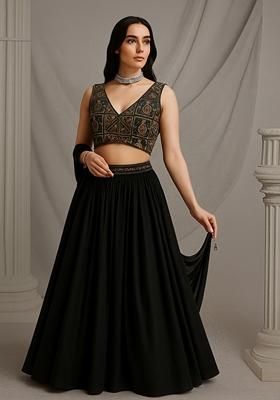 Black Embroidered&nbsp; Georgette Lehenga Set