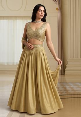 Gold Embroidered&nbsp; Georgette Lehenga Set