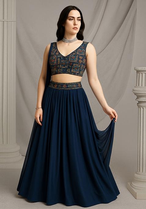 Dark Blue Embroidered Georgette Lehenga Set — view on Indya