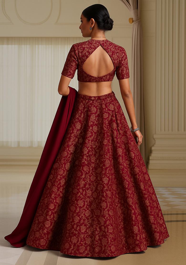 Pink Jacquard Brocade Lehenga Set - Indya