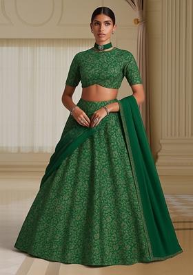 Green Jacquard Brocade Lehenga Set