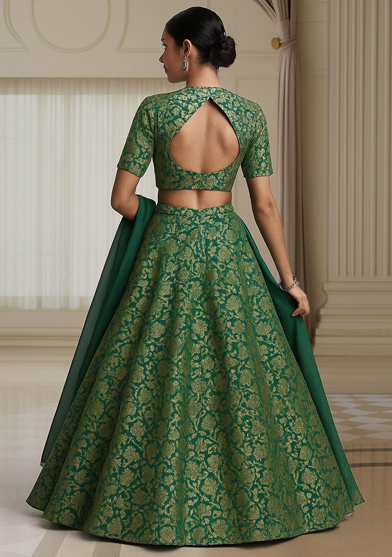 Green Jacquard Brocade Lehenga Set - Indya