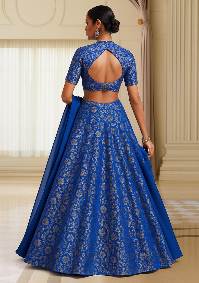 Blue Jacquard Brocade Lehenga Set - Indya