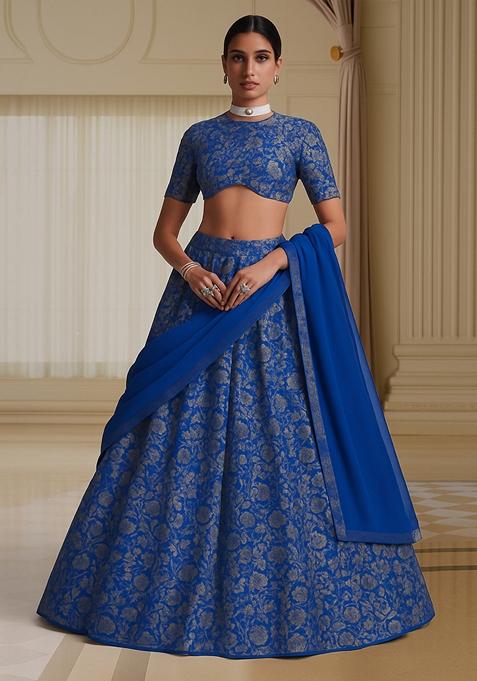 Blue Jacquard Brocade Lehenga Set