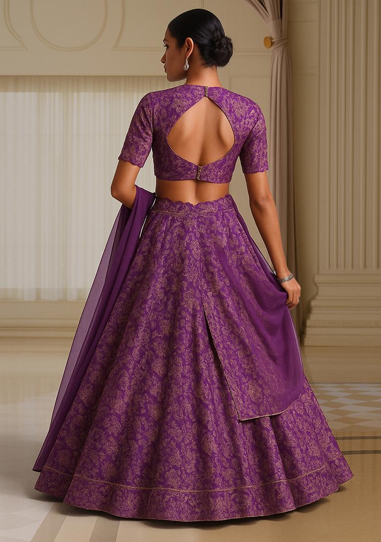 Purple Jacquard Brocade Lehenga Set - Indya
