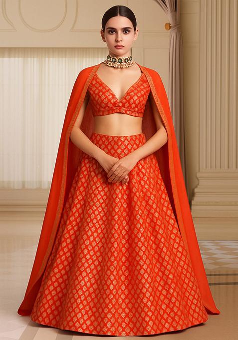 Orange Embroidered&nbsp; Brocade Lehenga Set