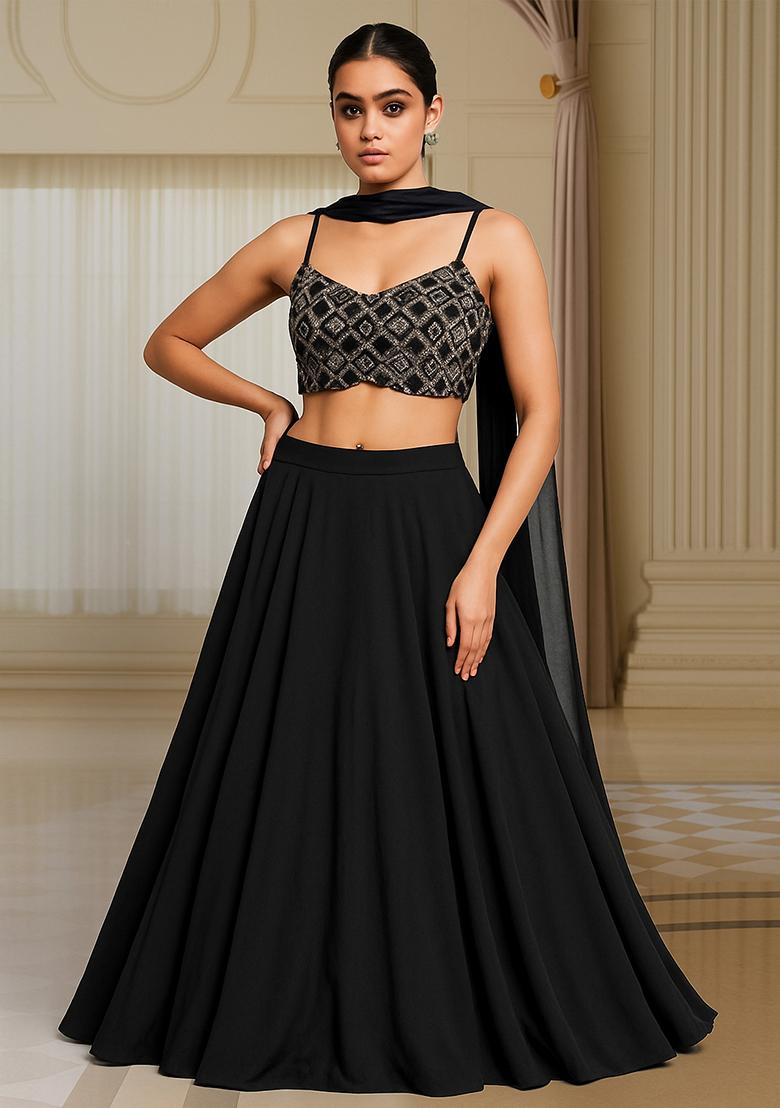 Black Sequin Embellished Blouse Georgette Lehenga Set - Indya