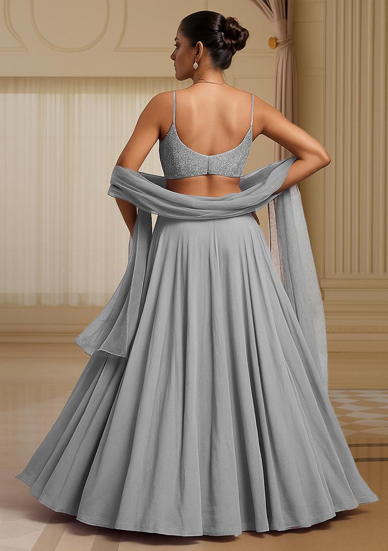 Grey Sequin Embellished Blouse Georgette Lehenga Set - Indya