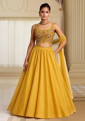 Mustard Sequin Embroidered Blouse Chinon Lehenga Set
