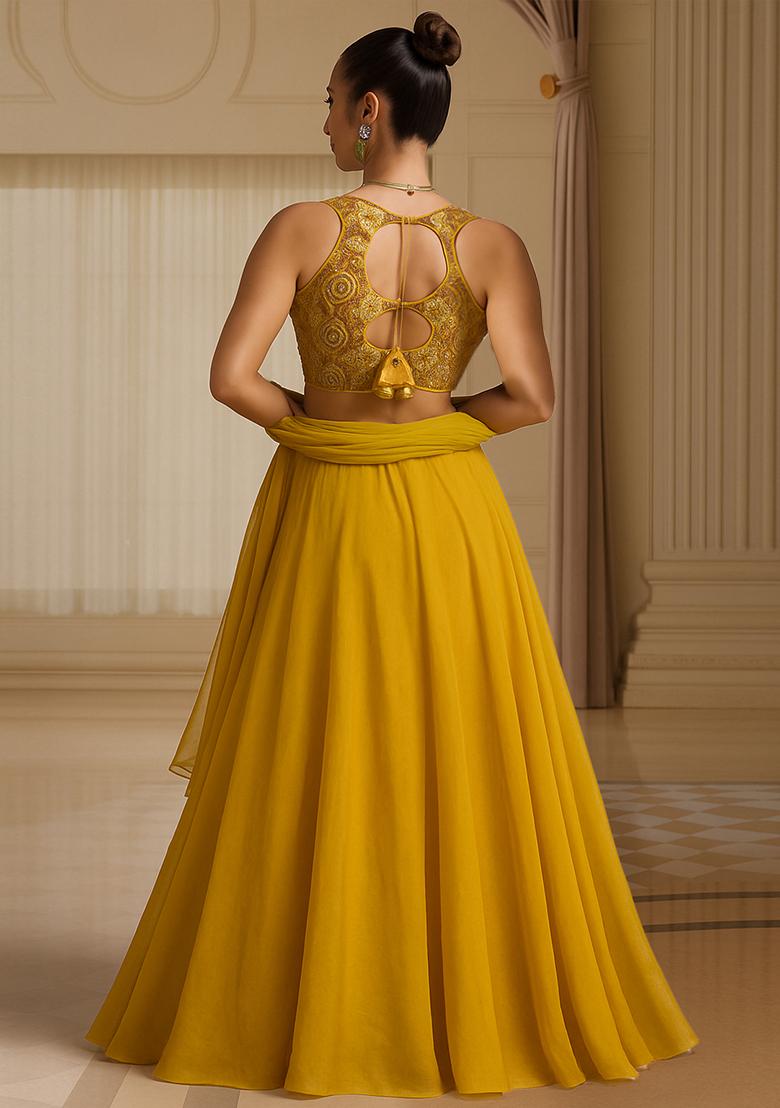 Mustard Sequin Embroidered Blouse Chinon Lehenga Set - Indya