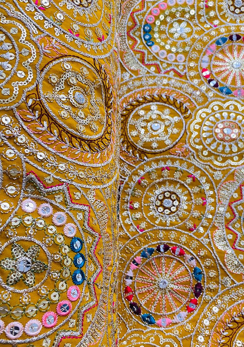 Mustard Sequin Embroidered Blouse Chinon Lehenga Set - Indya