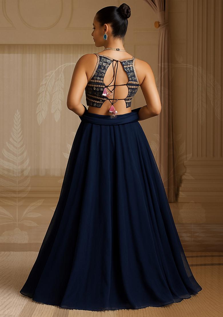 Teal Blue Sequin Embroidered Blouse Chinon Lehenga Set - Indya