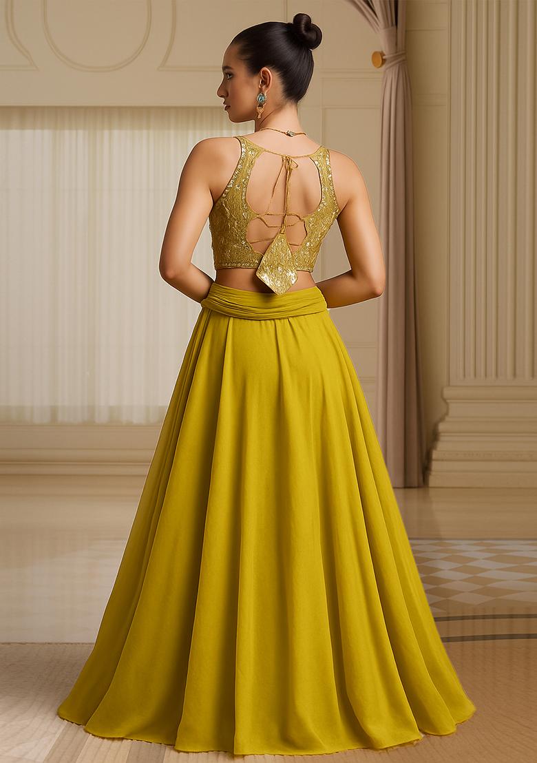 Mustard Sequin Embroidered Blouse Chinon Lehenga Set - Indya