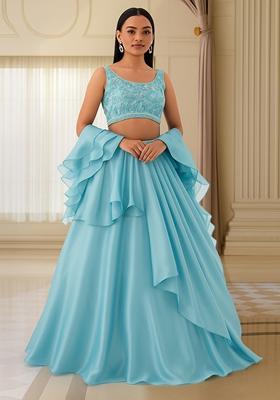 Sky Blue Sequin Embellished Blouse Chinon Lehenga Set