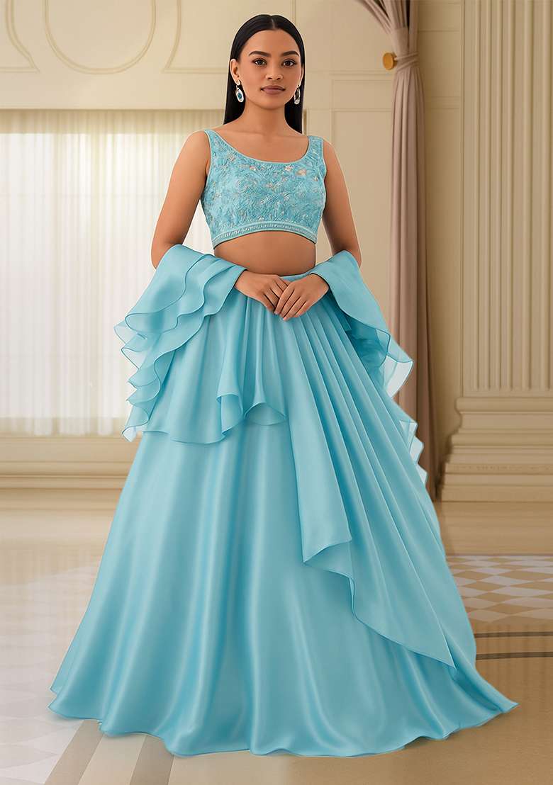 Sky Blue Sequin Embellished Blouse Chinon Lehenga Set - Indya