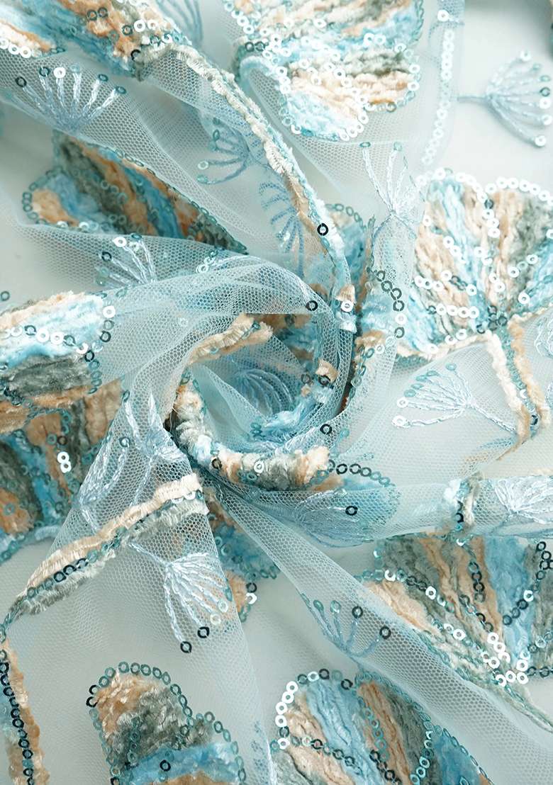Sky Blue Sequin Embellished Blouse Chinon Lehenga Set - Indya