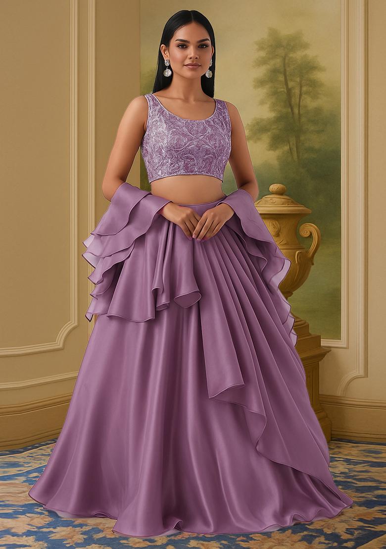 Grey Sequin Embellished Blouse Chinon Lehenga Set