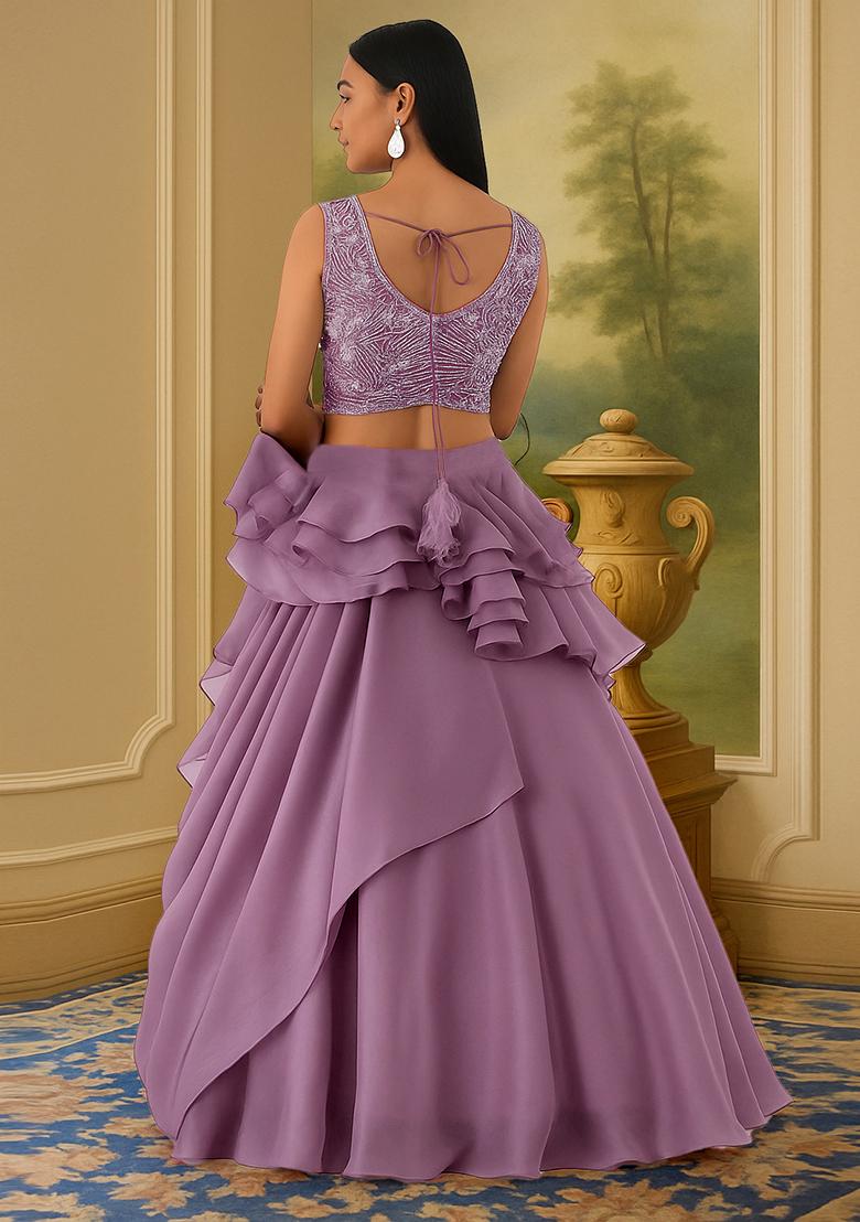 Grey Sequin Embellished Blouse Chinon Lehenga Set - Indya