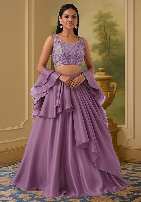 Grey Sequin Embellished Blouse Chinon Lehenga Set