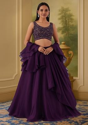 Purple Sequin Embellished Blouse Chinon Lehenga Set