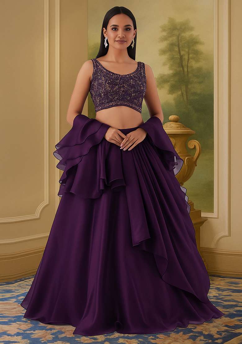 Purple Sequin Embellished Blouse Chinon Lehenga Set - Indya
