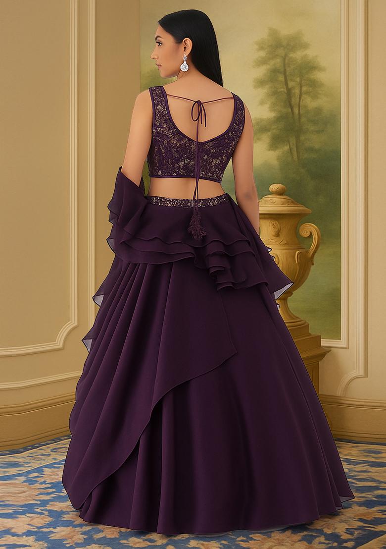 Purple Sequin Embellished Blouse Chinon Lehenga Set - Indya