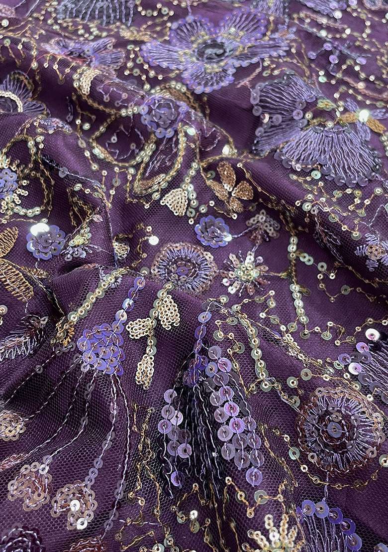 Purple Sequin Embellished Blouse Chinon Lehenga Set - Indya