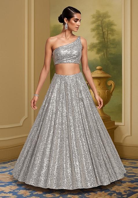 Grey Sequin Embellished Net Lehenga Set