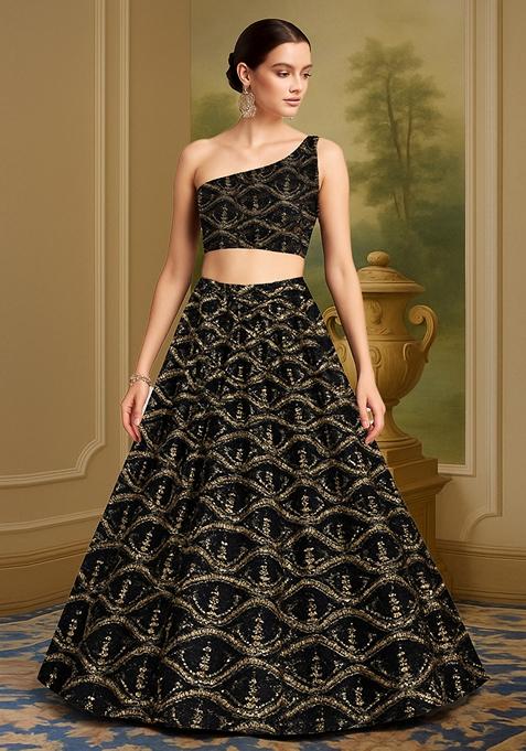 Black Sequin Embellished Net Lehenga Set