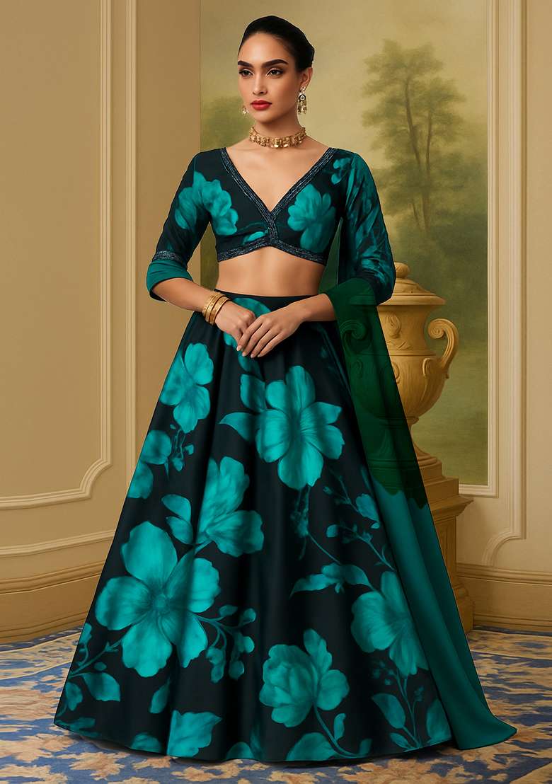 Blue Printed Georgette Lehenga Set - Indya