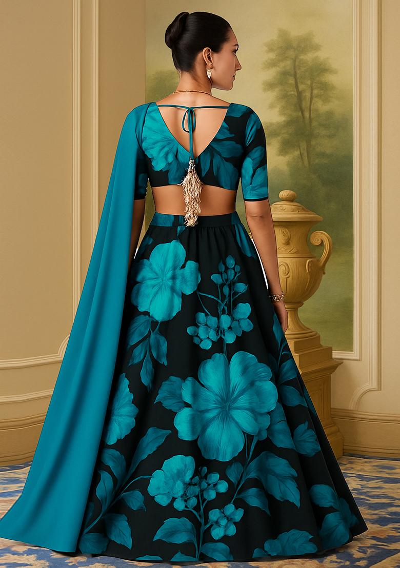 Blue Printed Georgette Lehenga Set - Indya