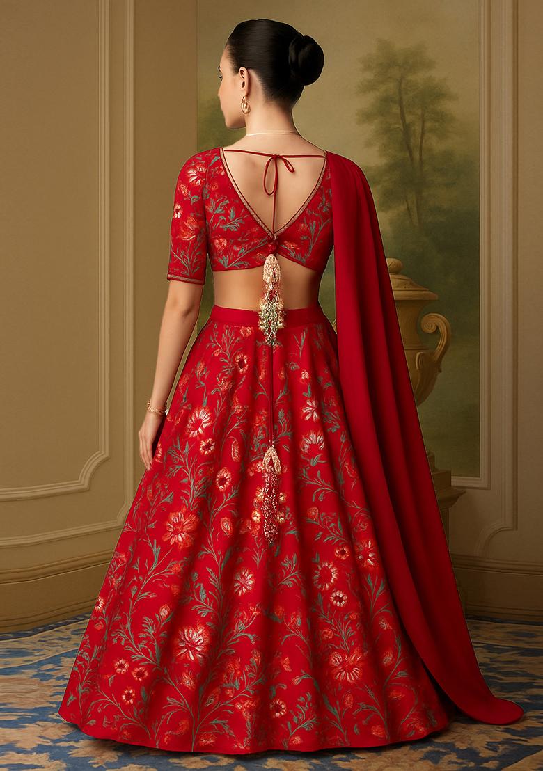 Red Printed Georgette Lehenga Set - Indya