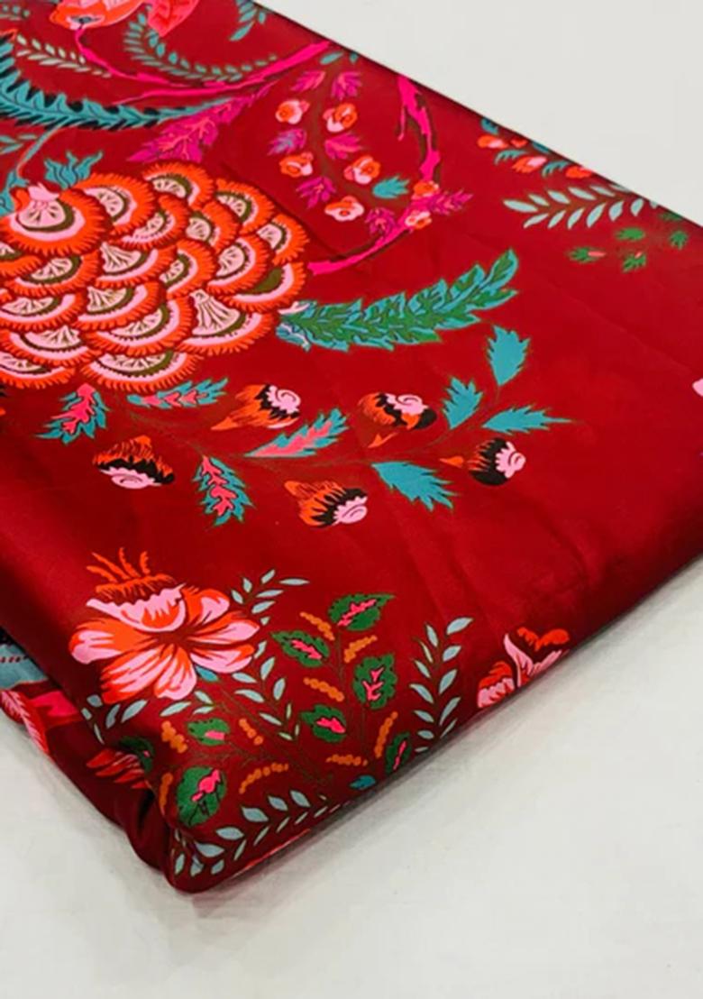 Red Printed Georgette Lehenga Set - Indya