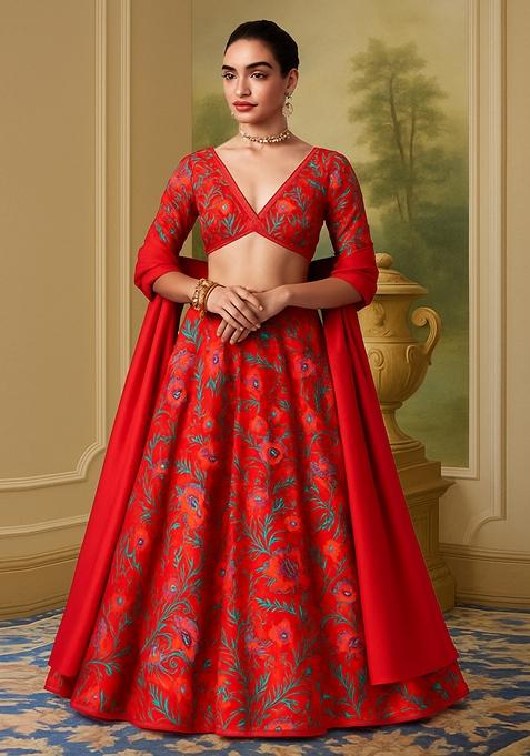 Red Printed Georgette Lehenga Set