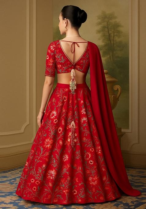Red Printed Georgette Lehenga Set