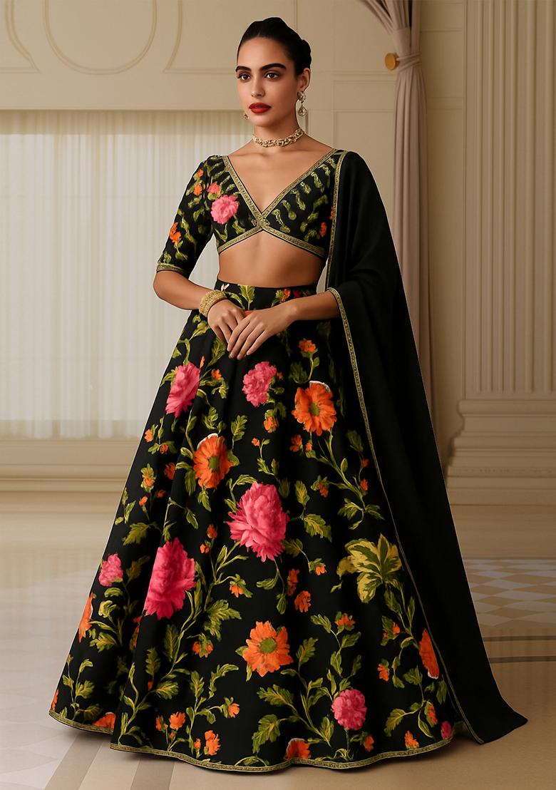 Black Printed Georgette Lehenga Set