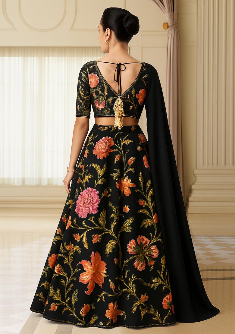 Black Printed Georgette Lehenga Set - Indya