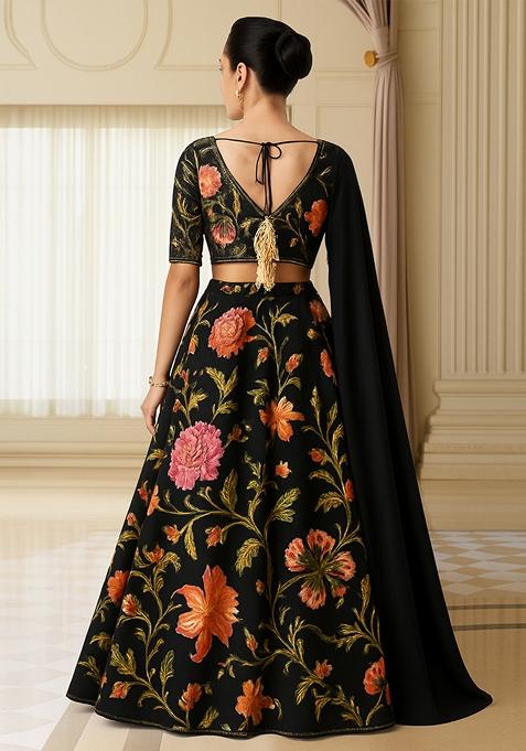 Black Printed Georgette Lehenga Set