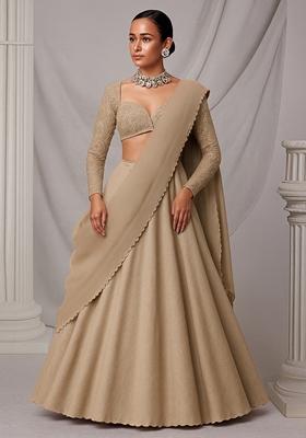 Beige Mirror Work Georgette Lehenga Set