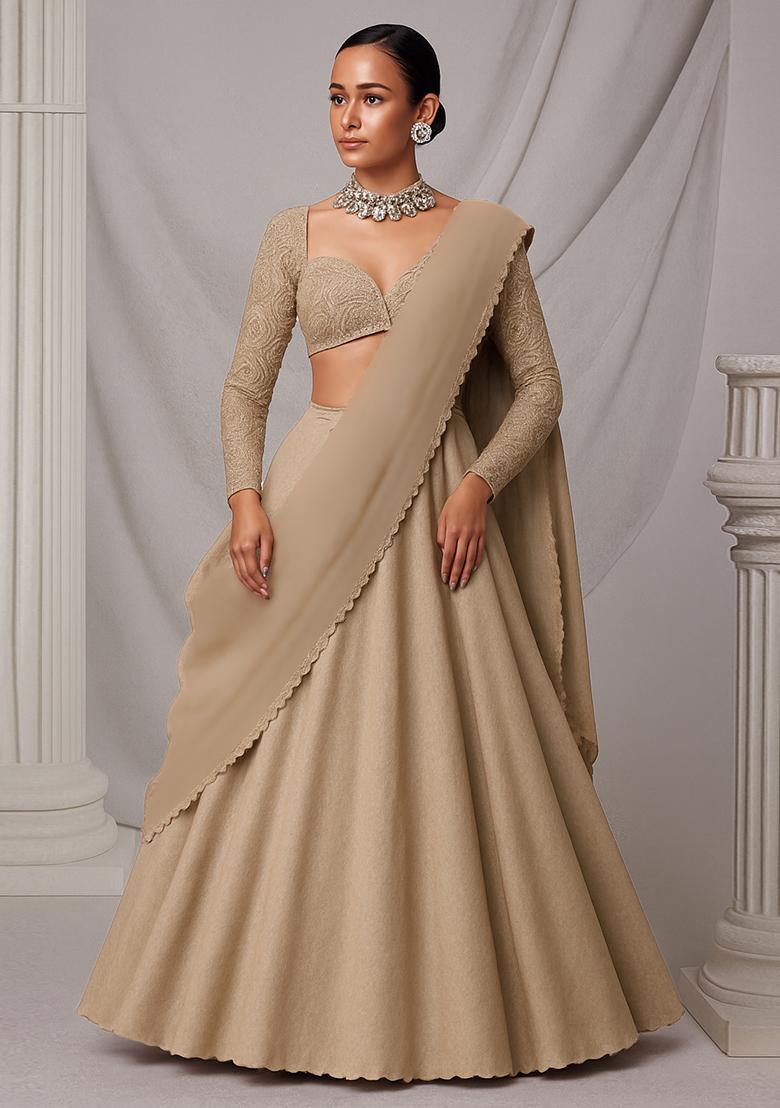 Beige Mirror Work Georgette Lehenga Set